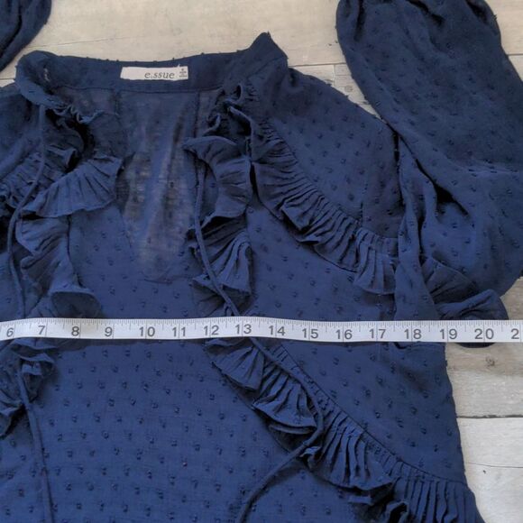 Midnight Blue Ruffled Top w/ Pleated Sleeve M - Picture 9 of 12